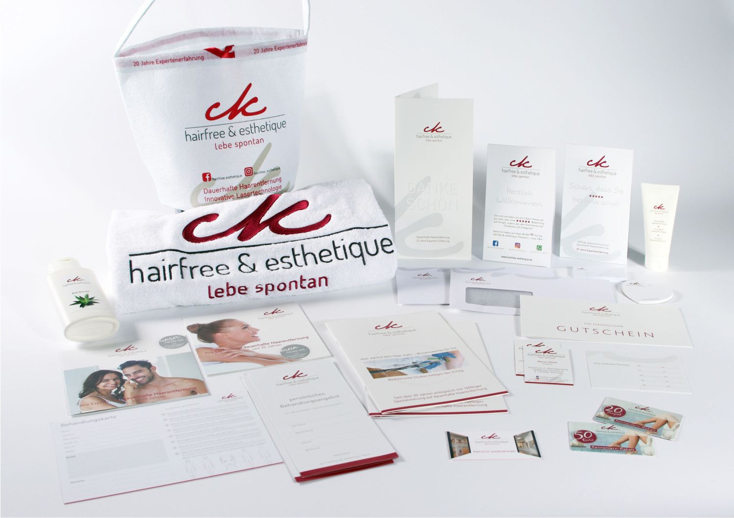Komplettes CI - Branding und Give-aways für das Laserinstitut hairfree&esthetique in Regensburg (siehe auch Raumplanung)